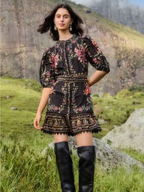 FARM Rio Black Floral Embroidered Mini Dress